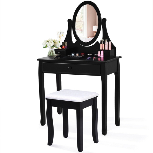 Gymax Bathroom Wooden Mirrored Makeup Vanity Set Stool Table Set Black