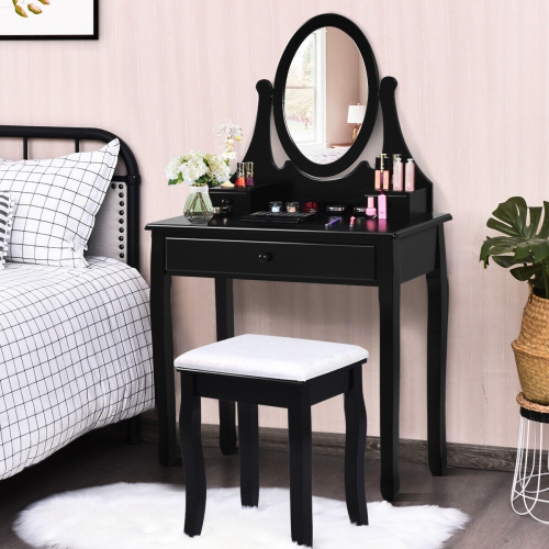 Gymax Bathroom Wooden Mirrored Makeup Vanity Set Stool Table Set Black