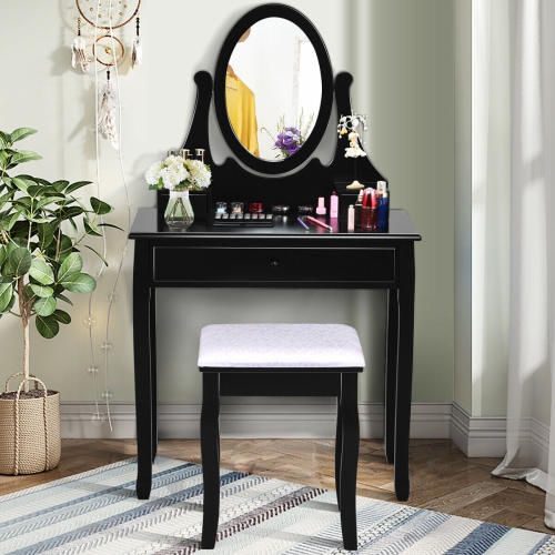 Gymax Bathroom Wooden Mirrored Makeup Vanity Set Stool Table Set Black