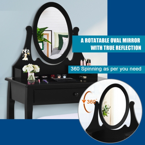 Gymax Bathroom Wooden Mirrored Makeup Vanity Set Stool Table Set Black
