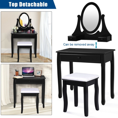 Gymax Bathroom Wooden Mirrored Makeup Vanity Set Stool Table Set Black