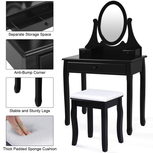 Gymax Bathroom Wooden Mirrored Makeup Vanity Set Stool Table Set Black