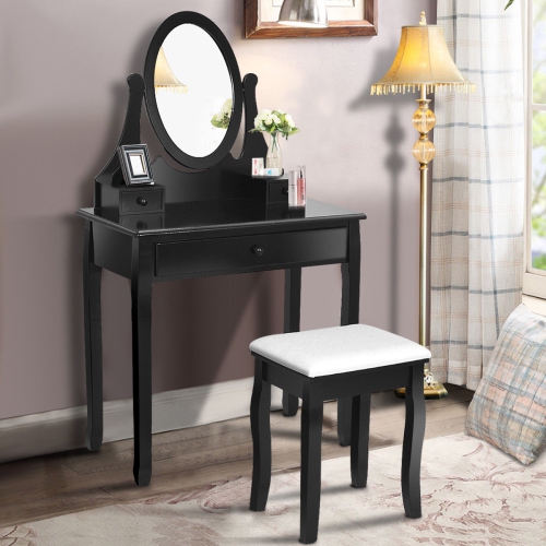 Gymax Bathroom Wooden Mirrored Makeup Vanity Set Stool Table Set Black