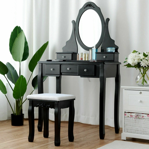 GYMAX  Vanity Jewelry Wooden Makeup Dressing Table Set W/stool Mirror & 5 Drawers In Black
