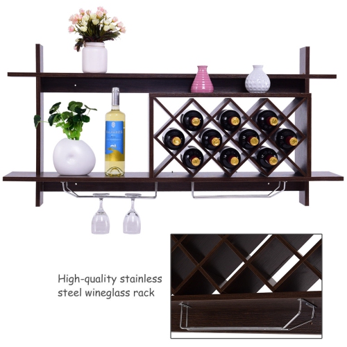 Gymax Wall Mount Wine Rack Organizer With Glass Holder & Storage Shelf Home Decor