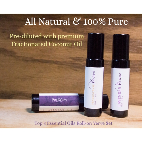 Floraverve Top 3 Essential Oils Roll-On Verve Set, 3 x 10mL, Peppermint, Lavender & Frankincense