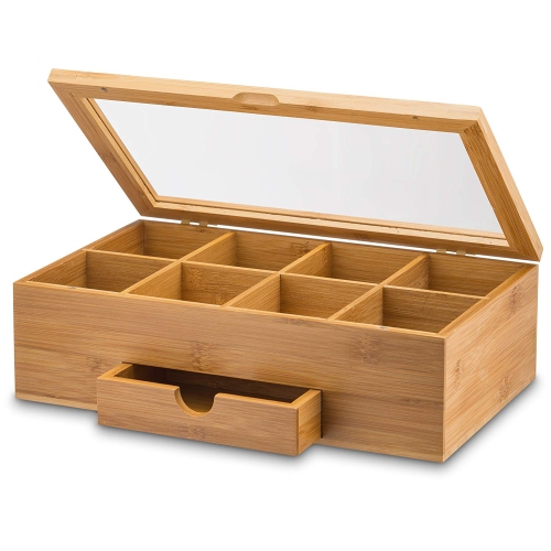 Bamboo Tea Box with Magnetic Closing Lid 8 Storage Sections & Expandable Drawer