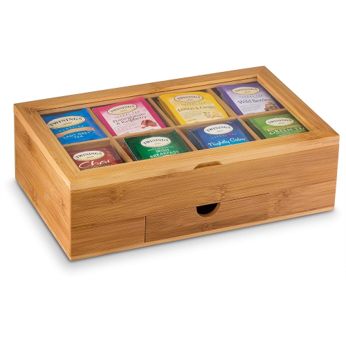 Bamboo Tea Box with Magnetic Closing Lid 8 Storage Sections & Expandable Drawer