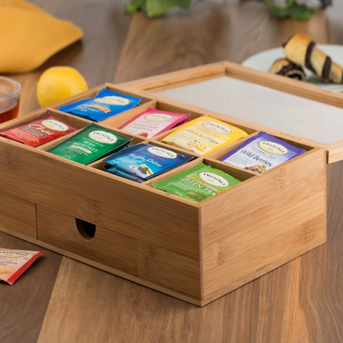 Bamboo Tea Box with Magnetic Closing Lid 8 Storage Sections & Expandable Drawer