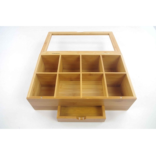 Bamboo Tea Box with Magnetic Closing Lid 8 Storage Sections & Expandable Drawer
