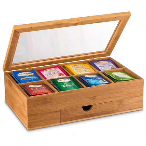 Bamboo Tea Box with Magnetic Closing Lid 8 Storage Sections & Expandable Drawer