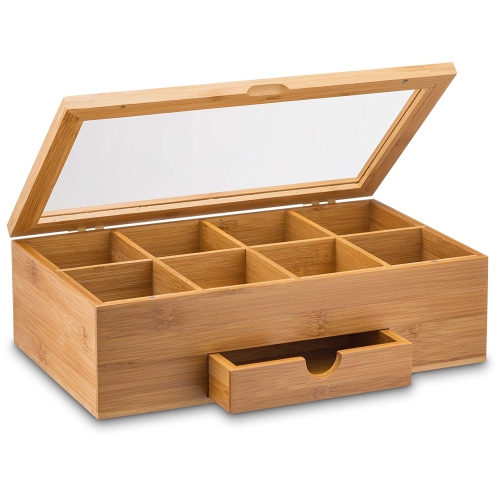 Bamboo Tea Box with Magnetic Closing Lid 8 Storage Sections & Expandable Drawer