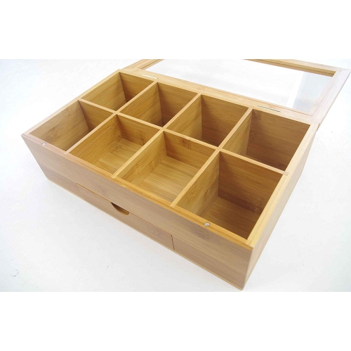 Bamboo Tea Box with Magnetic Closing Lid 8 Storage Sections & Expandable Drawer