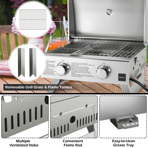 Gymax 2 Burner Portable BBQ Table Top Propane Gas Grill Stainless Steel
