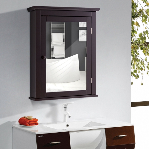 Gymax Bathroom Mirror Cabinet Wall Mounted Medicine Storage Adjustable Shelf Brown