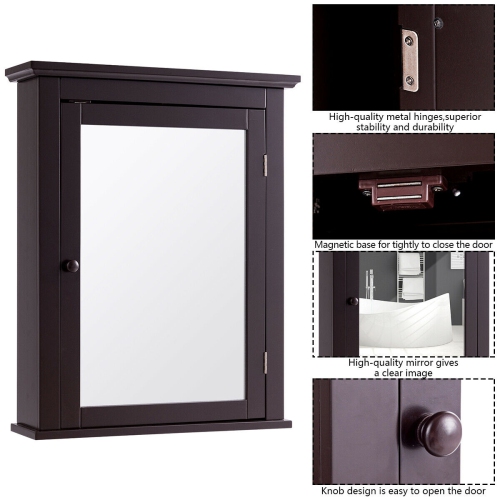 Gymax Bathroom Mirror Cabinet Wall Mounted Medicine Storage Adjustable Shelf Brown