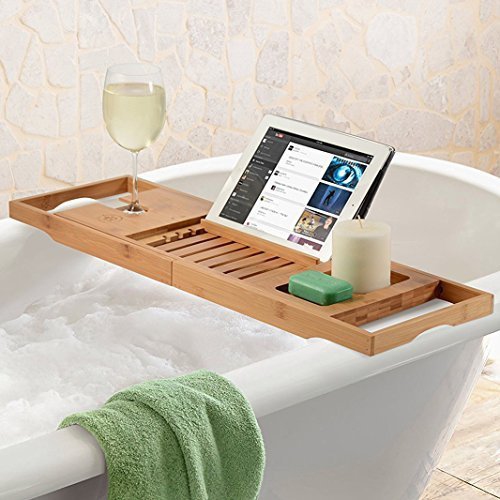 Bathtub Caddy Bamboo Bath Tub Rack Tray Bathroom Cloth Book/Pad/Tablet Holder