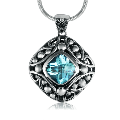 Sterling Silver Panos K Designs Cushion Shape Cubic Blue Topaz Pendant