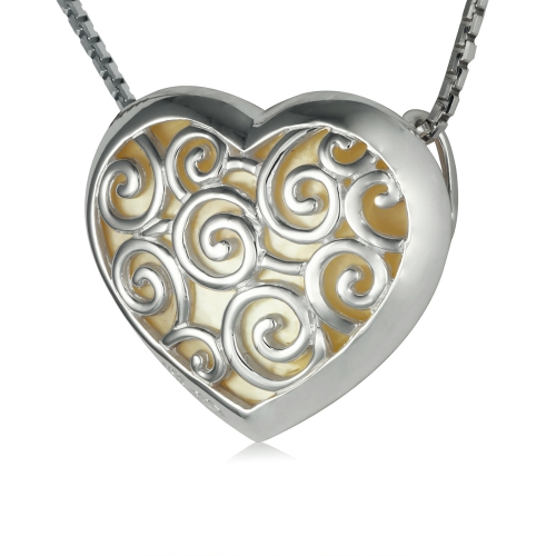 925 Sterling Silver Scroll Heart Mother of Pearl Slider Pendant