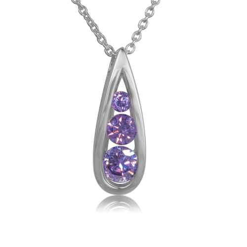 Sterling Silver 3 Stone Drop Pendant With Cubic Amethyst Channel Set Stones