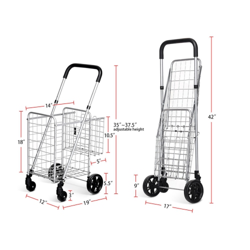 Costway Folding Shopping Cart Jumbo Basket Rolling Utility Trolley Adjustable Handle