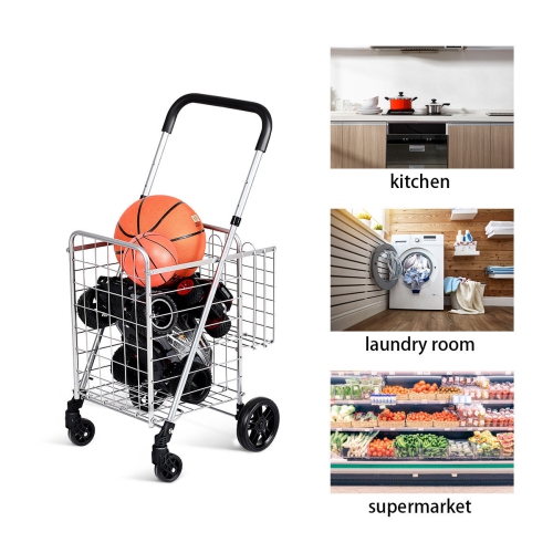 Costway Folding Shopping Cart Jumbo Basket Rolling Utility Trolley Adjustable Handle
