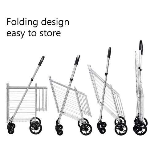 Costway Folding Shopping Cart Jumbo Basket Rolling Utility Trolley Adjustable Handle