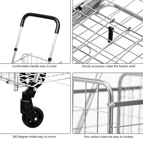Costway Folding Shopping Cart Jumbo Basket Rolling Utility Trolley Adjustable Handle