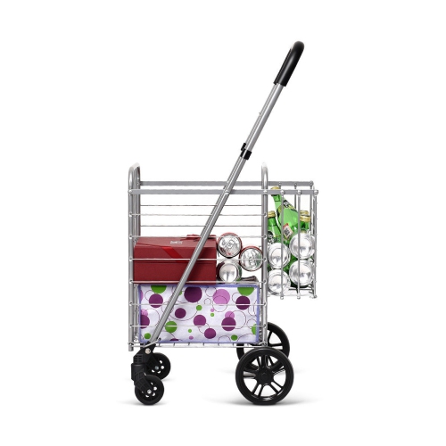 Costway Folding Shopping Cart Jumbo Basket Rolling Utility Trolley Adjustable Handle