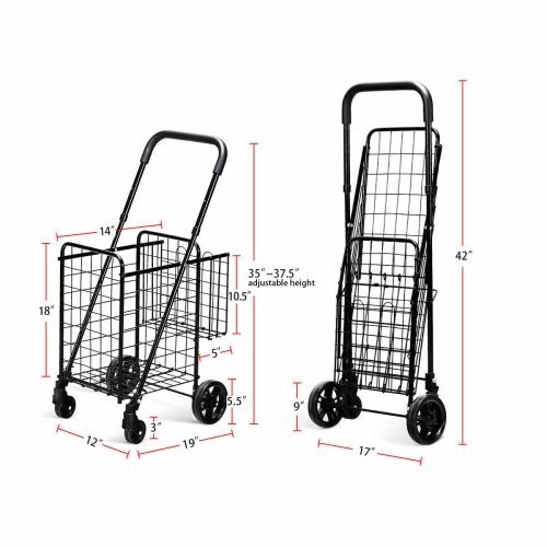 Costway Folding Shopping Cart Jumbo Basket Rolling Utility Trolley Adjustable Handle