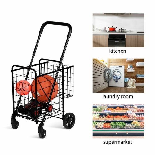 Costway Folding Shopping Cart Jumbo Basket Rolling Utility Trolley Adjustable Handle