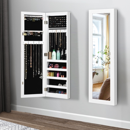 Armoire à bijoux avec led, organisateur de bijoux avec miroir pleine longueur, armoire de rangement accrochée à la porte, avec 5 étagères de
