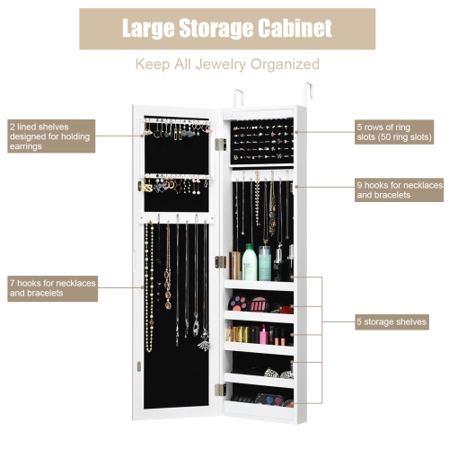Armoire à bijoux avec led, organisateur de bijoux avec miroir pleine longueur, armoire de rangement accrochée à la porte, avec 5 étagères de