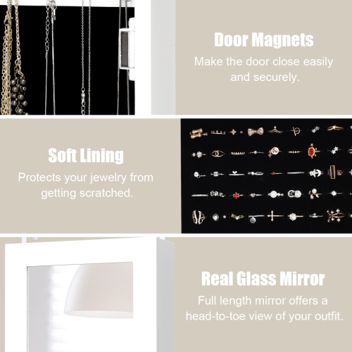 Armoire à bijoux avec led, organisateur de bijoux avec miroir pleine longueur, armoire de rangement accrochée à la porte, avec 5 étagères de