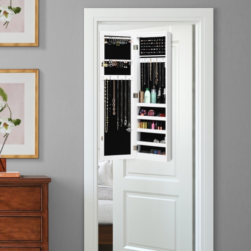 Armoire à bijoux avec led, organisateur de bijoux avec miroir pleine longueur, armoire de rangement accrochée à la porte, avec 5 étagères de