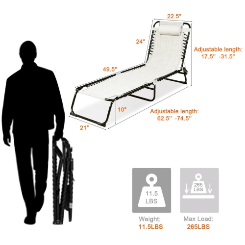 Gymax Foldable Lounge Chaise Adjustable Patio Camping Cot w/ Pillow Beach Pool Gray
