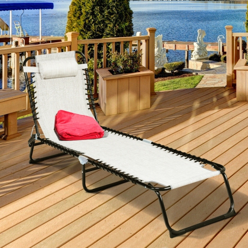 Gymax Foldable Lounge Chaise Adjustable Patio Camping Cot w/ Pillow Beach Pool Gray