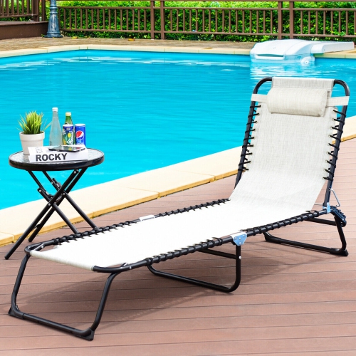Gymax Foldable Lounge Chaise Adjustable Patio Camping Cot w/ Pillow Beach Pool Gray