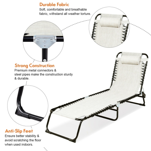 Gymax Foldable Lounge Chaise Adjustable Patio Camping Cot w/ Pillow Beach Pool Gray