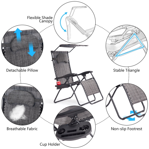 Gymax Folding Recliner Lounge Chair W/ Shade Canopy Cup Holder Gray