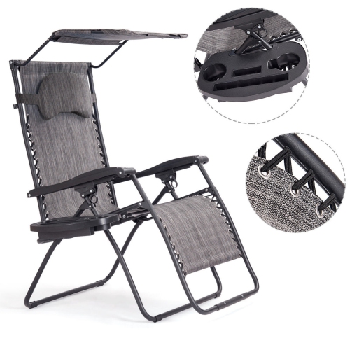 Gymax Folding Recliner Lounge Chair W/ Shade Canopy Cup Holder Gray