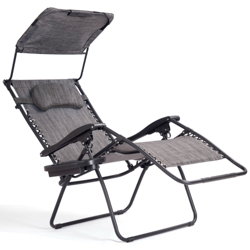 Gymax Folding Recliner Lounge Chair W/ Shade Canopy Cup Holder Gray