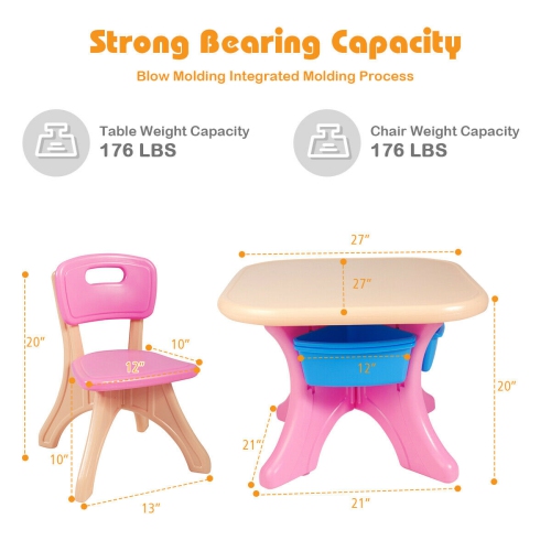 Gymax Plastic Children Kids Table & Chair Set 3 PC Play Furniture
