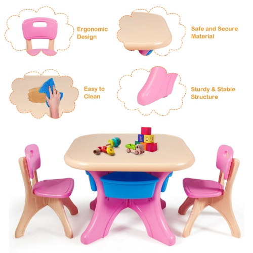 Gymax Plastic Children Kids Table & Chair Set 3 PC Play Furniture