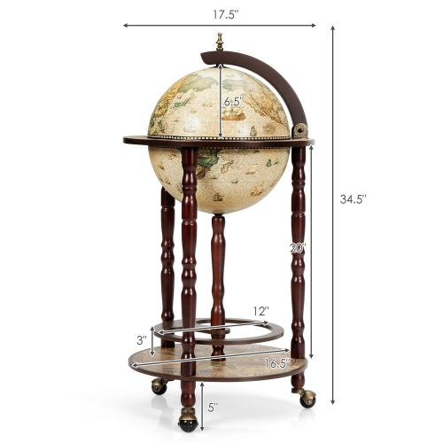 Gymax 17'' Wood Globe Wine Bar Stand 16th Century Italian Rack Liquor Bottle Shelf Cart