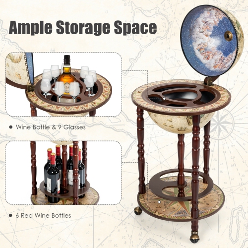 Gymax 17'' Wood Globe Wine Bar Stand 16th Century Italian Rack Liquor Bottle Shelf Cart