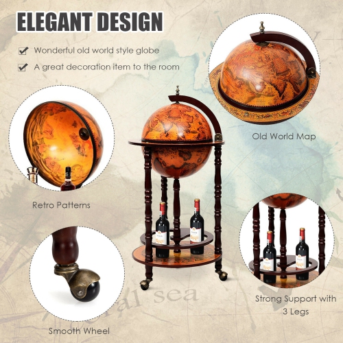 Gymax Wood Globe Wine Bar Stand 16th Century Italian Rack Liquor Bottle Shelf