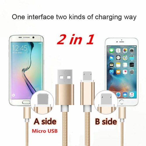 2 in 1 Double Sided Reverse Micro USB & Lightning Data Charge Cable for iPhone / Samsung & Android, Rose Gold