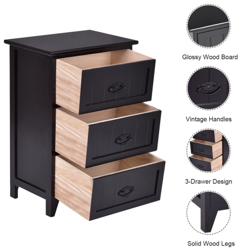 Gymax 3 Drawers Nightstand End Table Storage Wood Side Bedside Black