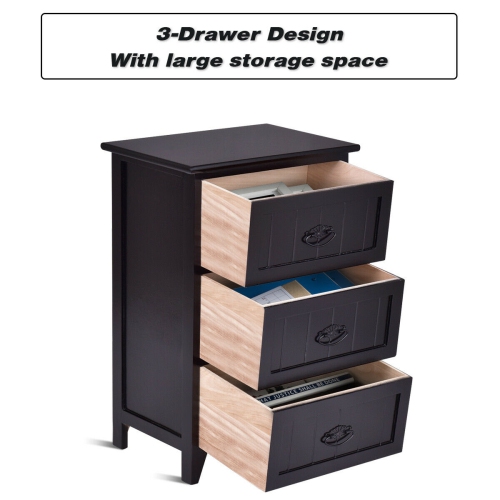 Gymax 3 Drawers Nightstand End Table Storage Wood Side Bedside Black
